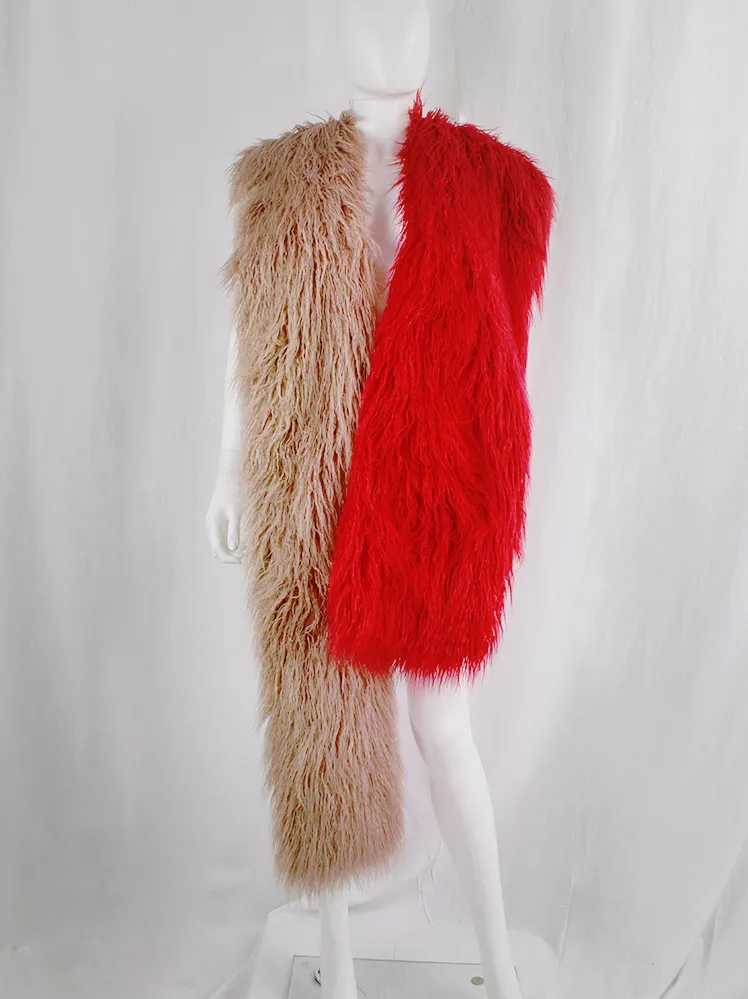 Dries Van Noten salmon red oversized shaggy faux fur scarf fall 2018