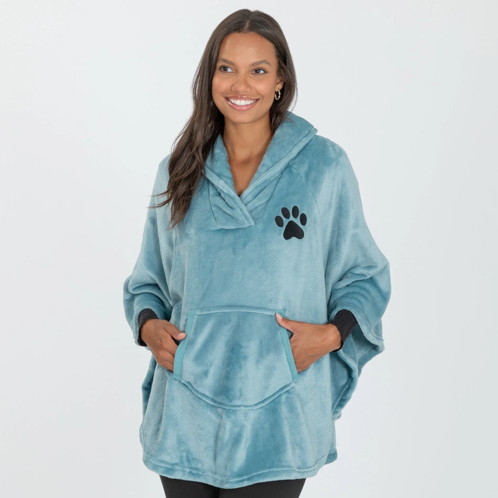 Embroidered Paw Print Fleece Poncho