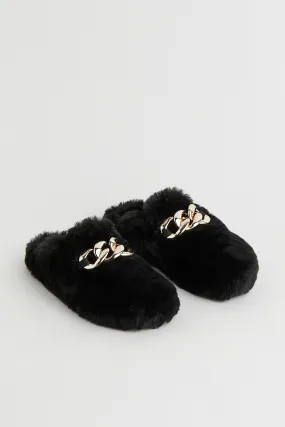 Faux fur slippers No heel Black Ladies H&M GB