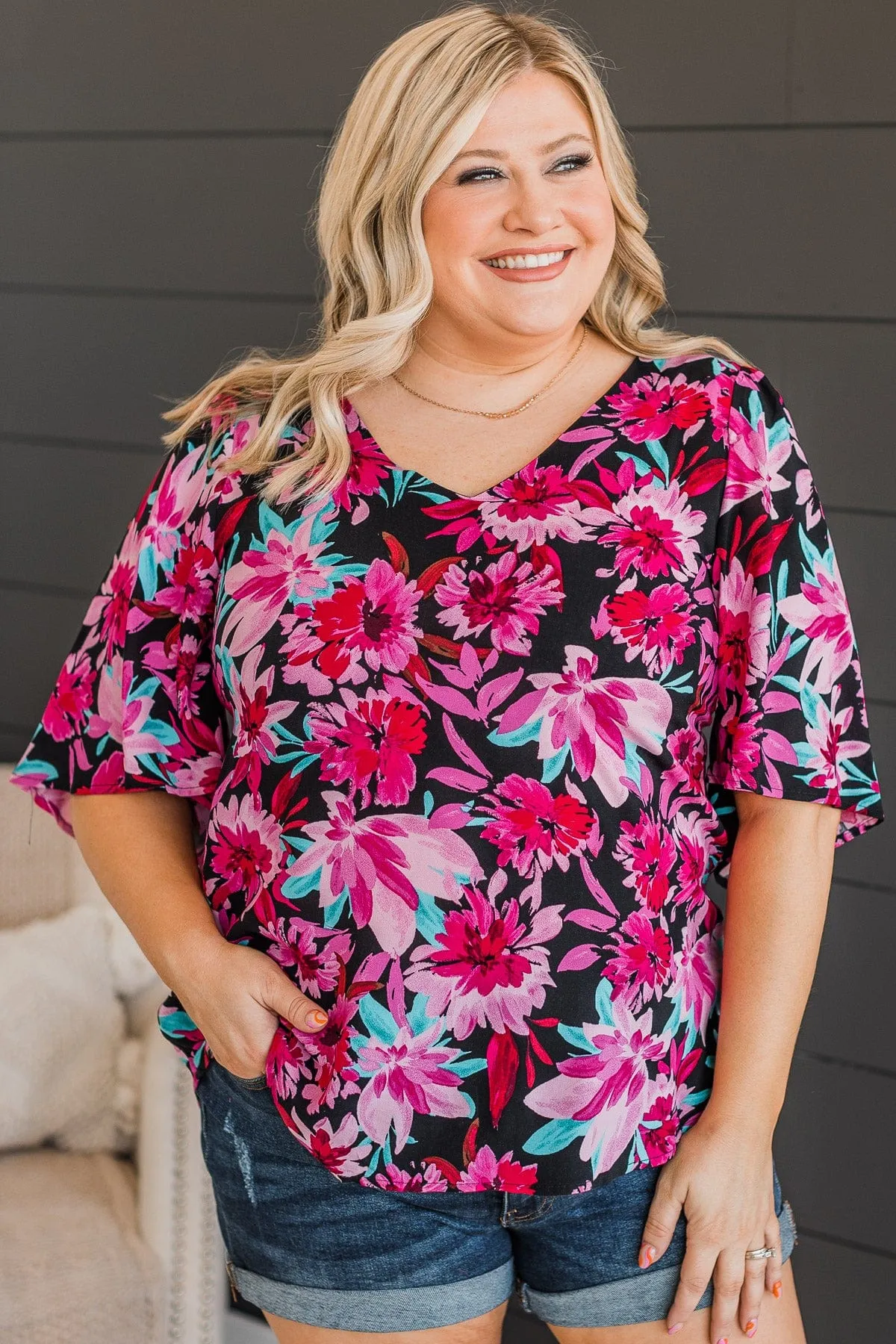 Black & Fuchsia Floral Knit Top Passion