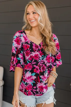 Black & Fuchsia Floral Knit Top Passion