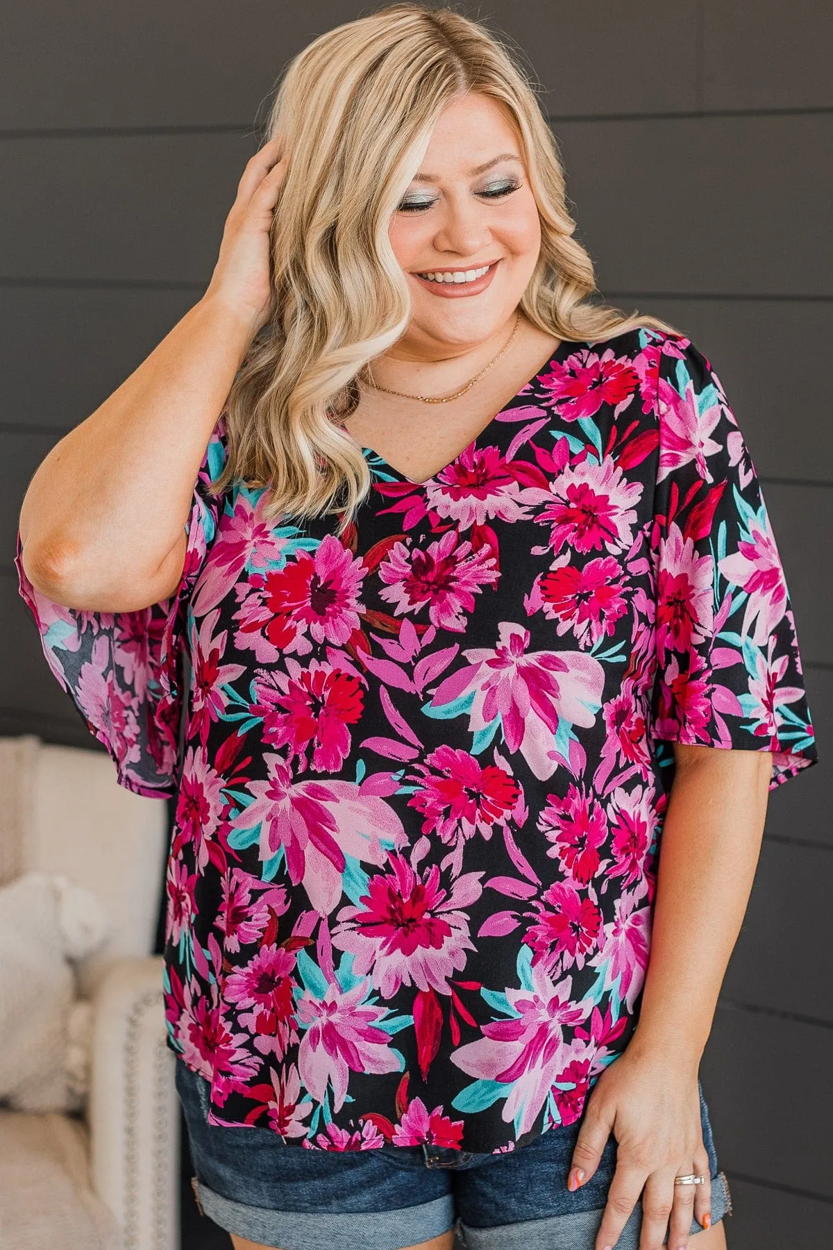 Black & Fuchsia Floral Knit Top Passion