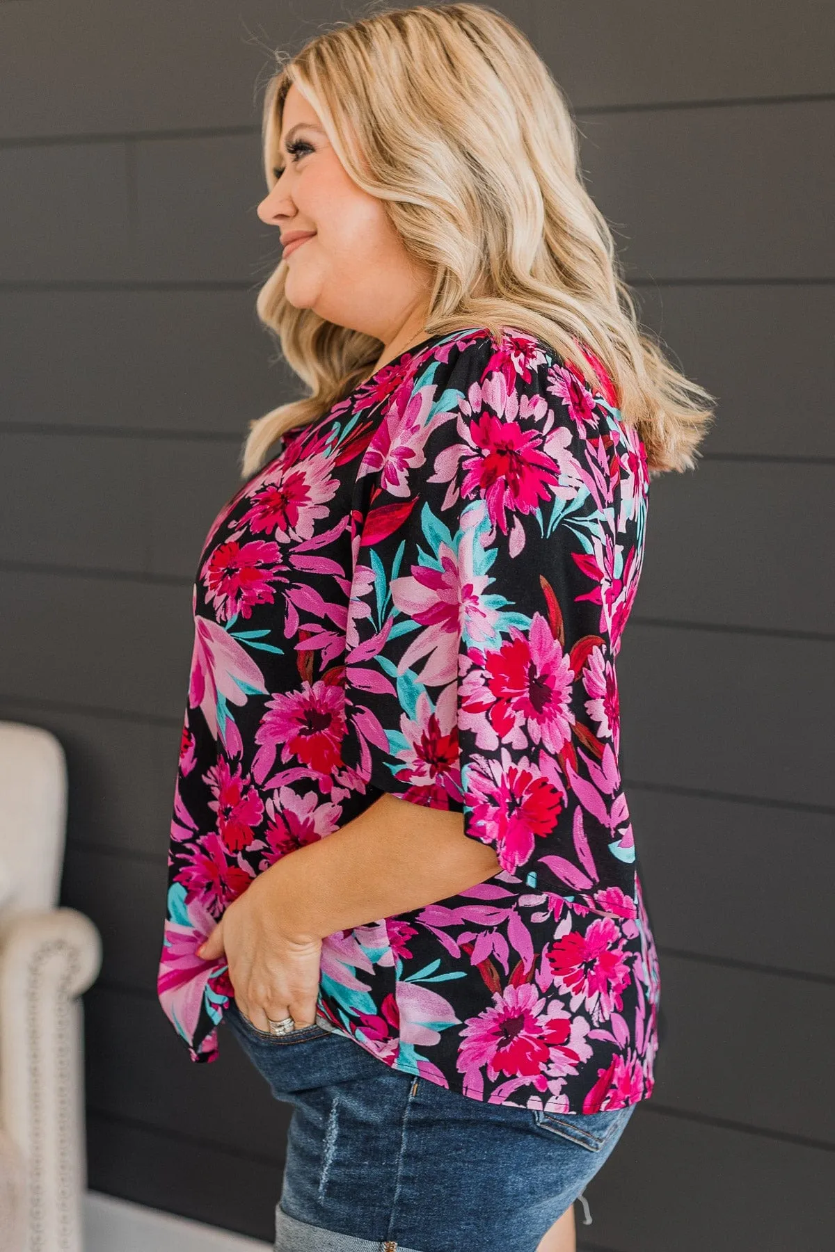 Black & Fuchsia Floral Knit Top Passion