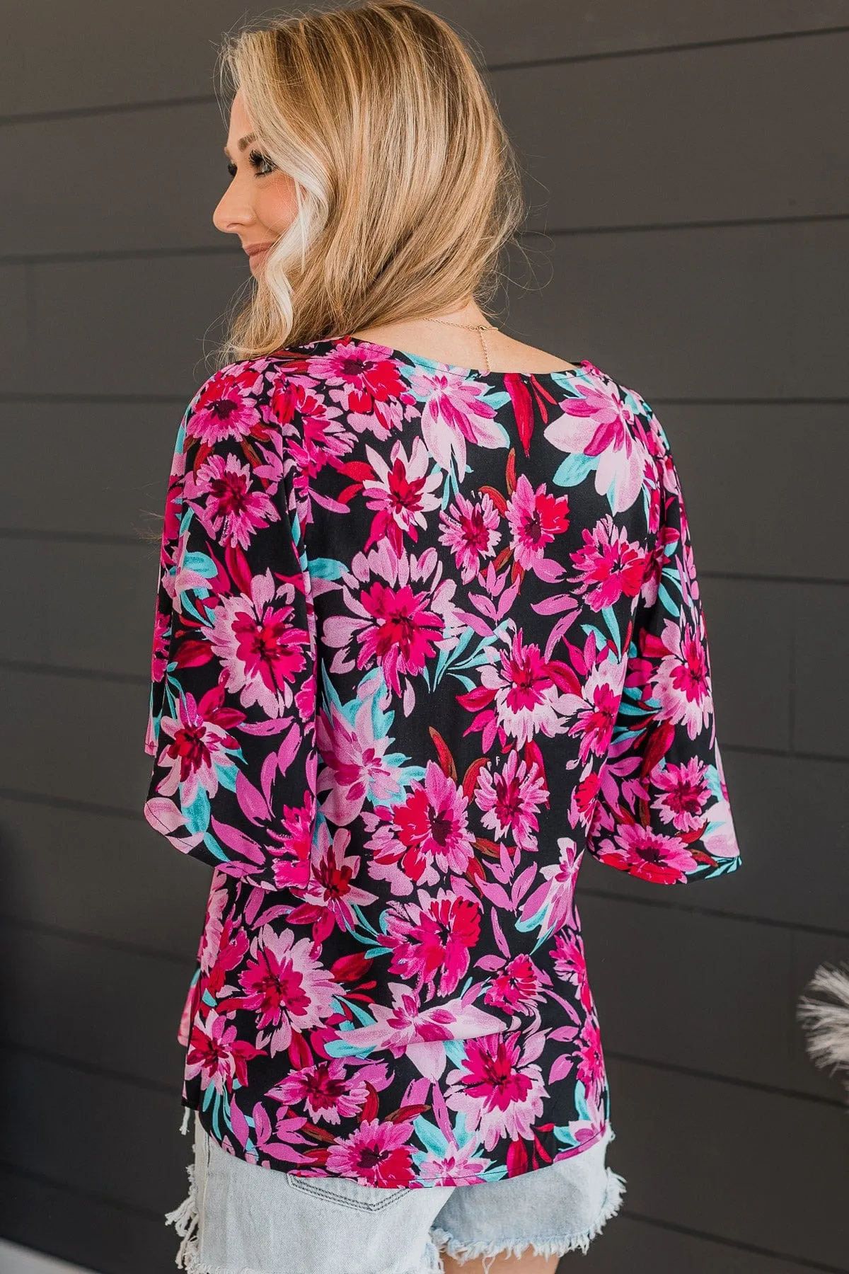 Black & Fuchsia Floral Knit Top Passion