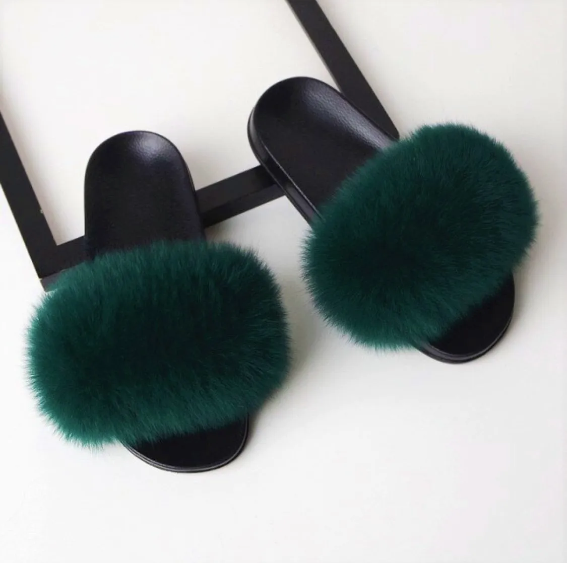 Forest Green Real Polar Fox Fur Slippers