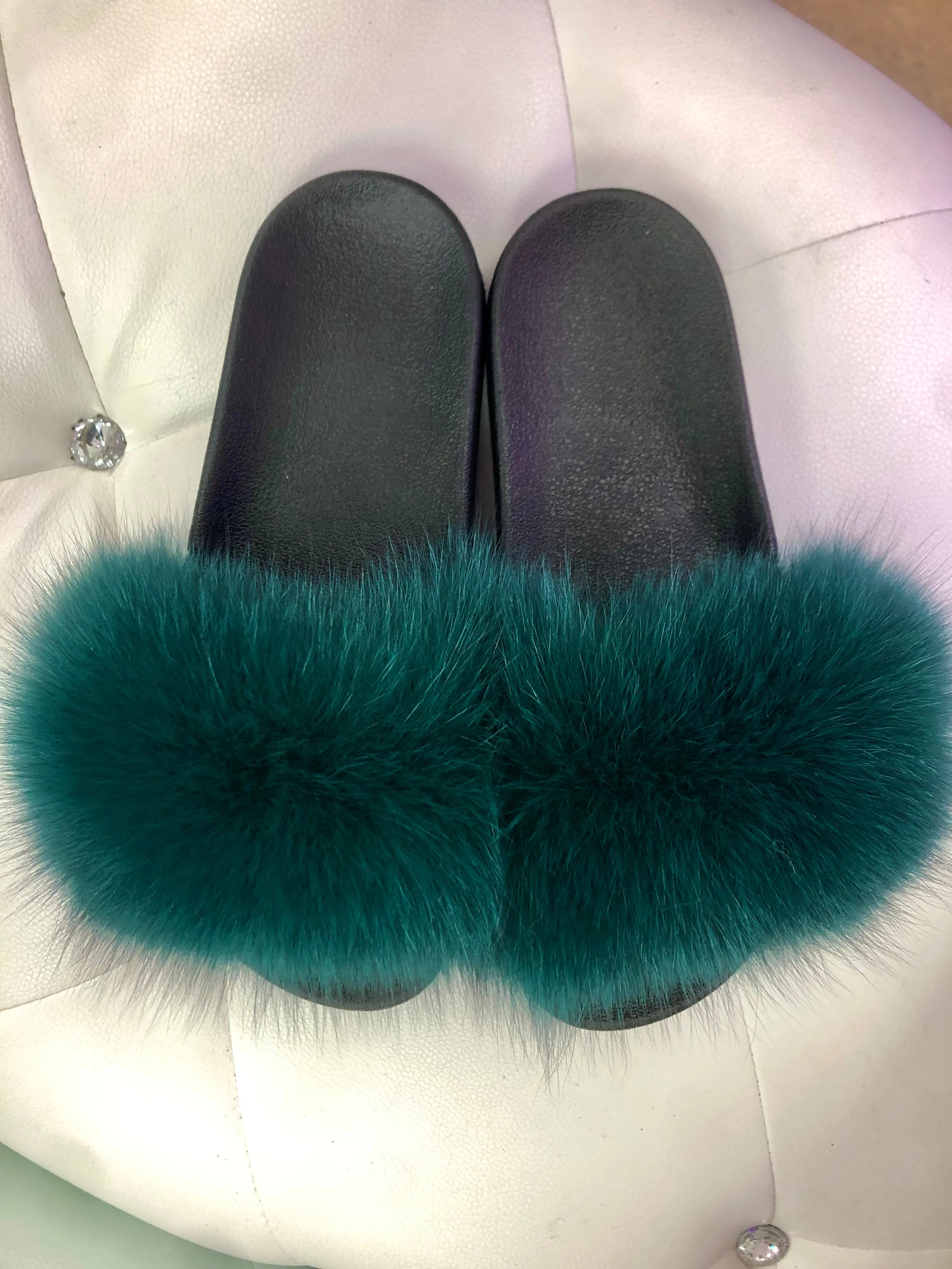 Forest Green Real Polar Fox Fur Slippers