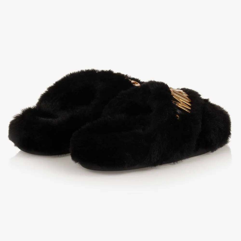 Girls Black Faux Fur Slippers