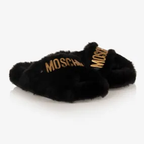 Girls Black Faux Fur Slippers