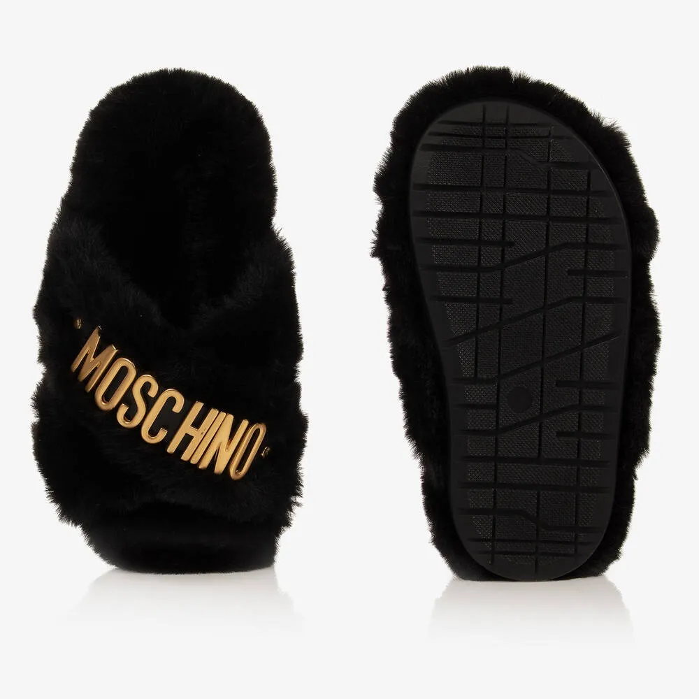 Girls Black Faux Fur Slippers