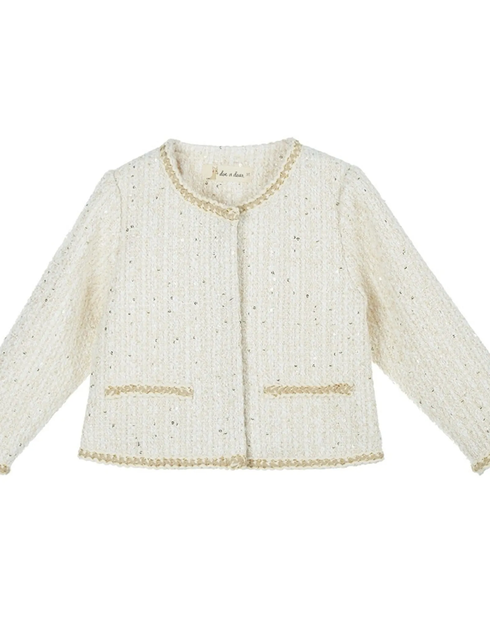 Girls' Sequin Tweed Jacket Fur Scarf Ivory