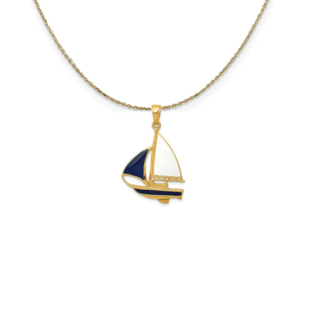 Yellow Gold, Blue and White Enameled 2D Sailboat Necklace