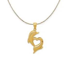 Gold Textured Dolphins Heart Necklace