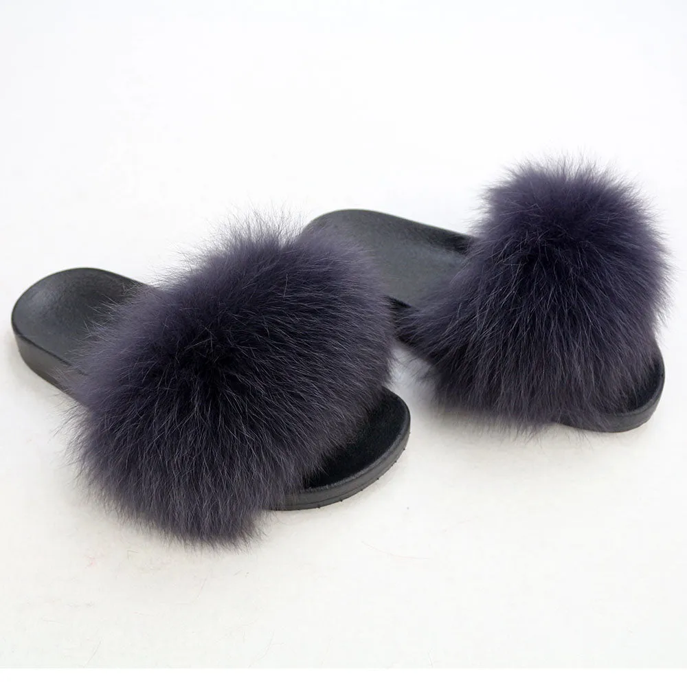 Gray Navy Shade Real Polar Fox Fur Slippers