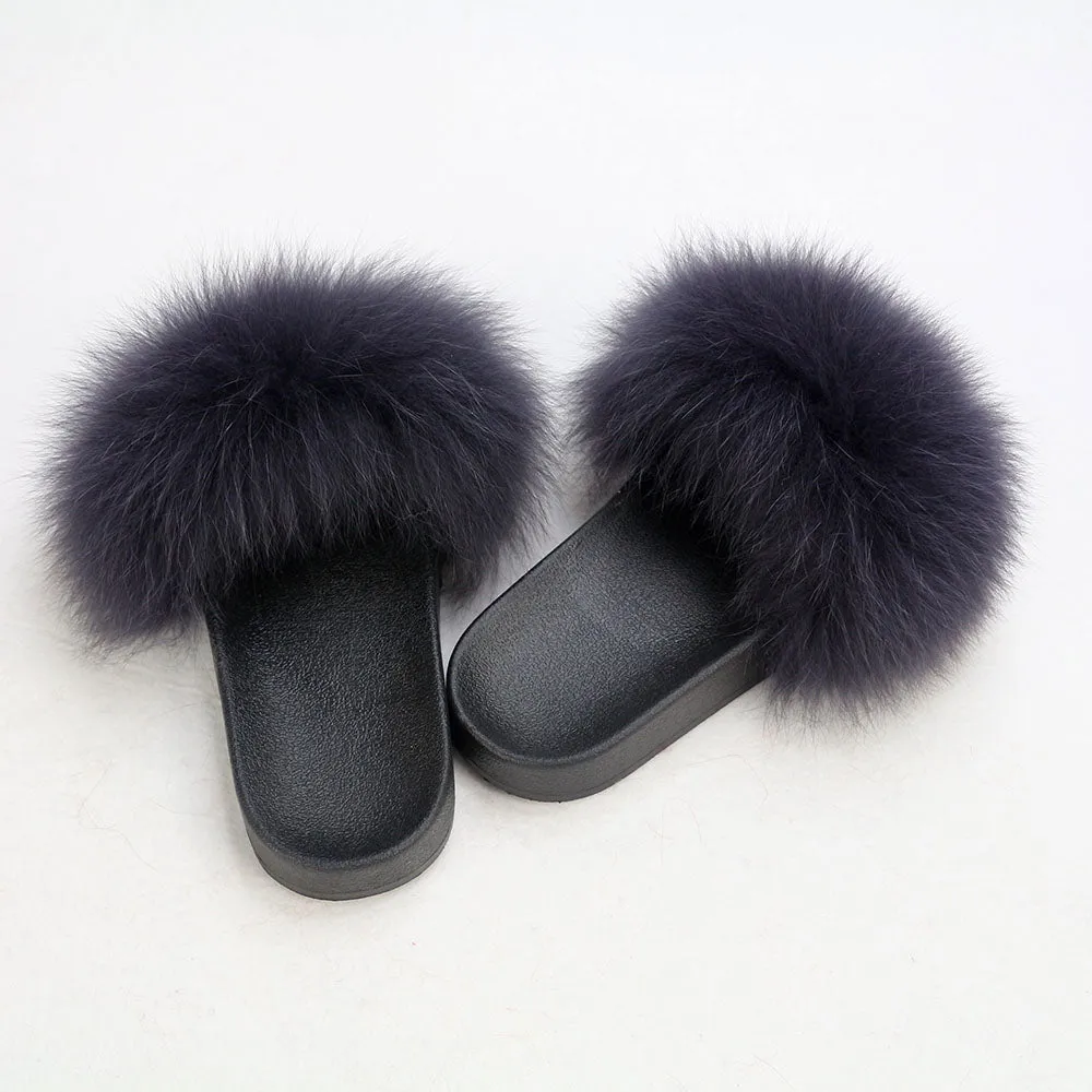 Gray Navy Shade Real Polar Fox Fur Slippers