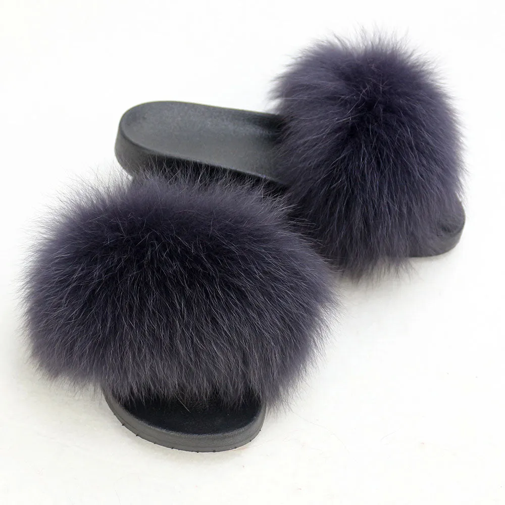 Gray Navy Shade Real Polar Fox Fur Slippers