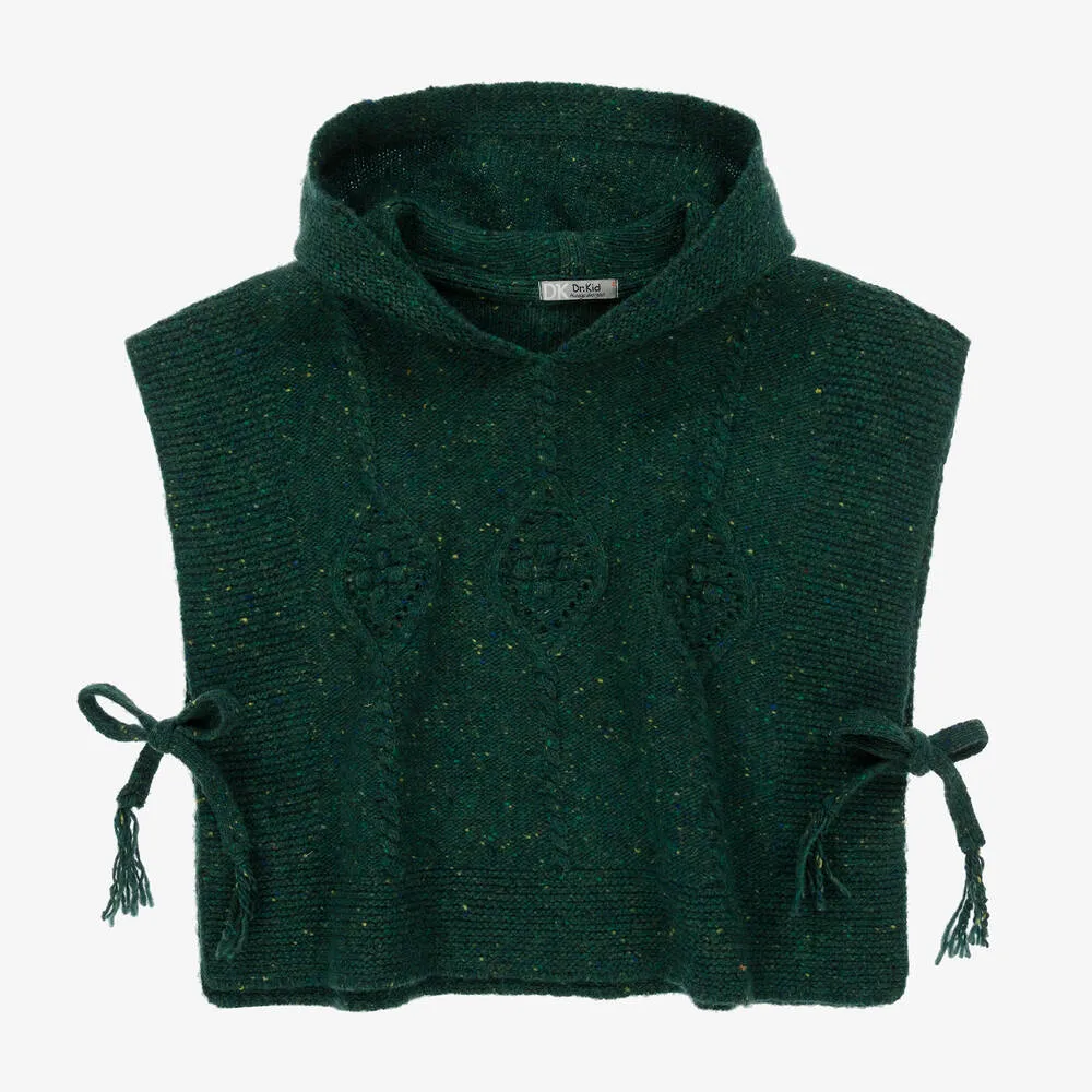 Green Wool Hooded Poncho for Girls