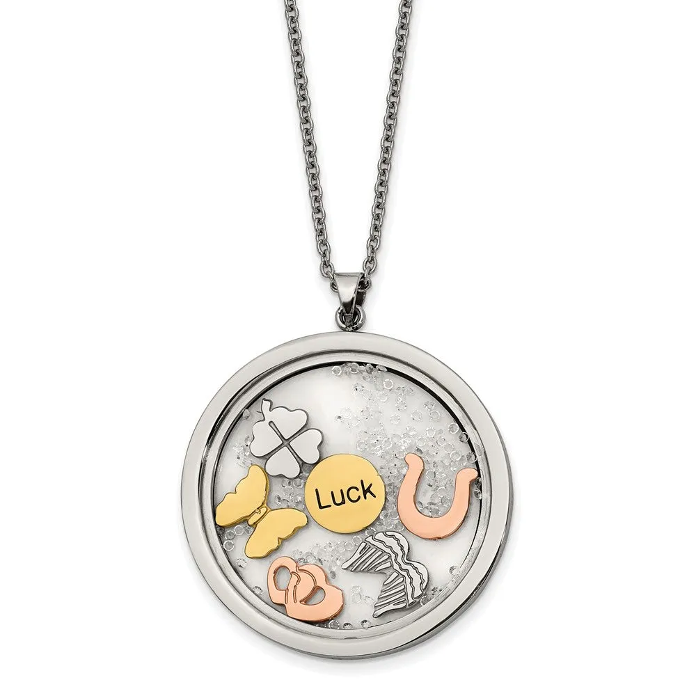 Lucky Theme Round Necklace - Stainless Steel, Enamel & Crystal, 18-20 Inches