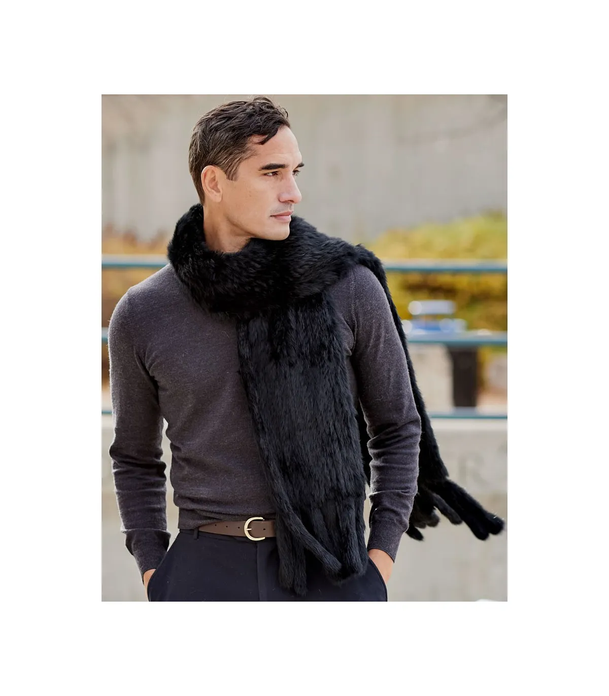 Mens Grayson Black Knit Rex Rabbit Fur Scarf Tassels FurHatWorld.com