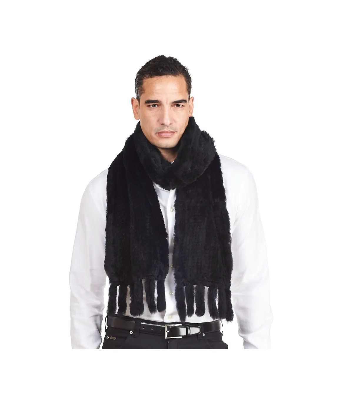 Mens Grayson Black Knit Rex Rabbit Fur Scarf Tassels FurHatWorld.com