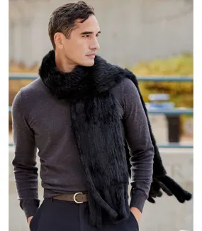 Mens Grayson Black Knit Rex Rabbit Fur Scarf Tassels FurHatWorld.com