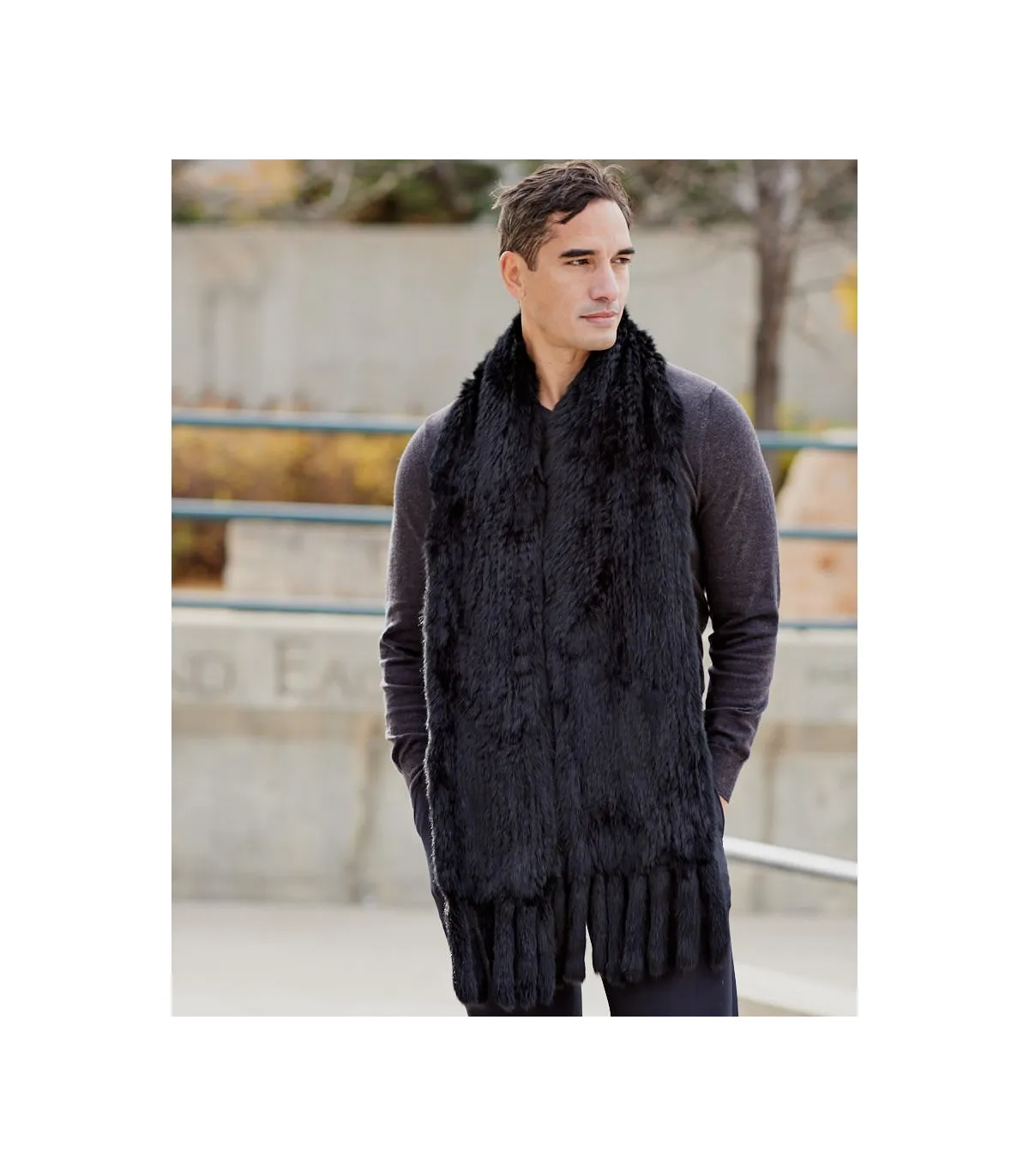 Mens Grayson Black Knit Rex Rabbit Fur Scarf Tassels FurHatWorld.com