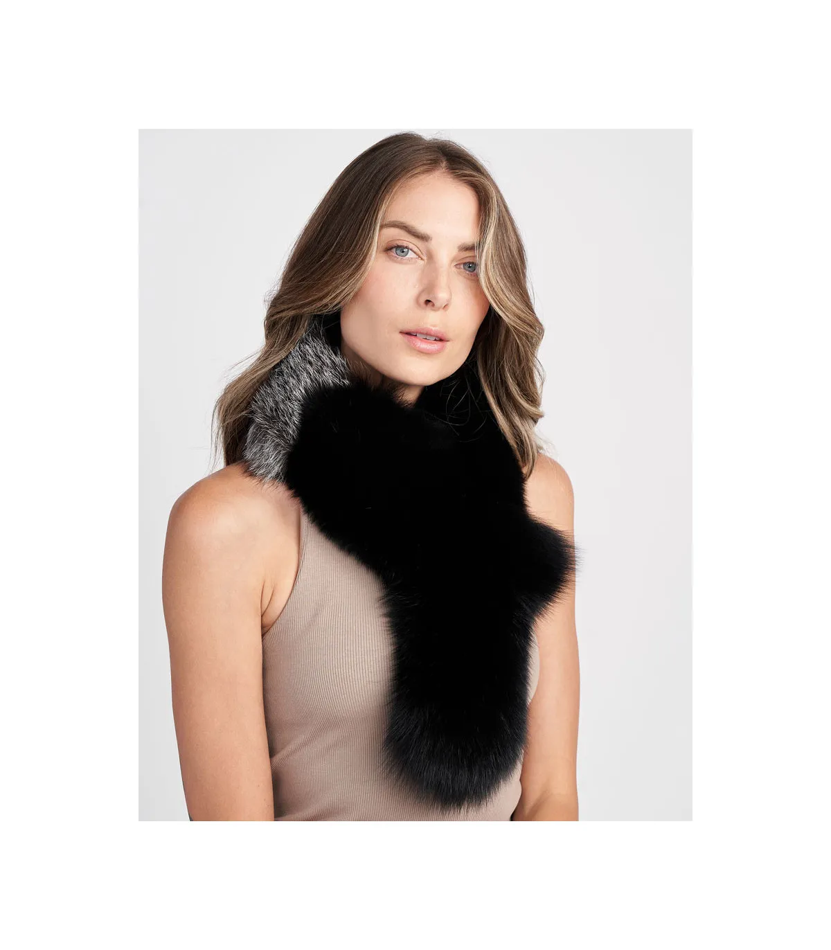 Monica Fox Fur Scarf in Black and Grey Furhatworld.com