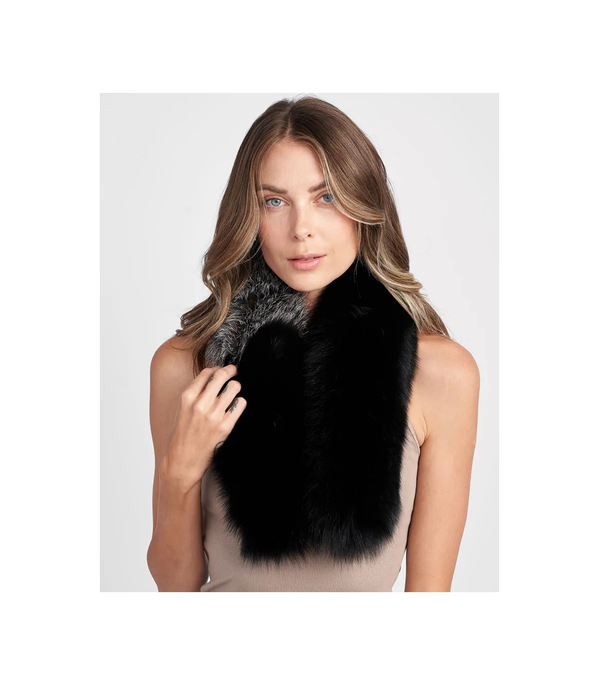 Monica Fox Fur Scarf in Black and Grey Furhatworld.com