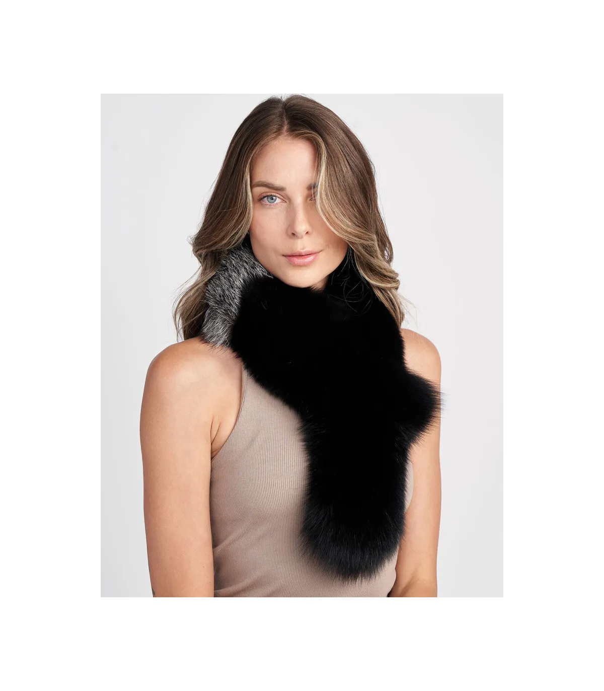 Monica Fox Fur Scarf in Black and Grey Furhatworld.com