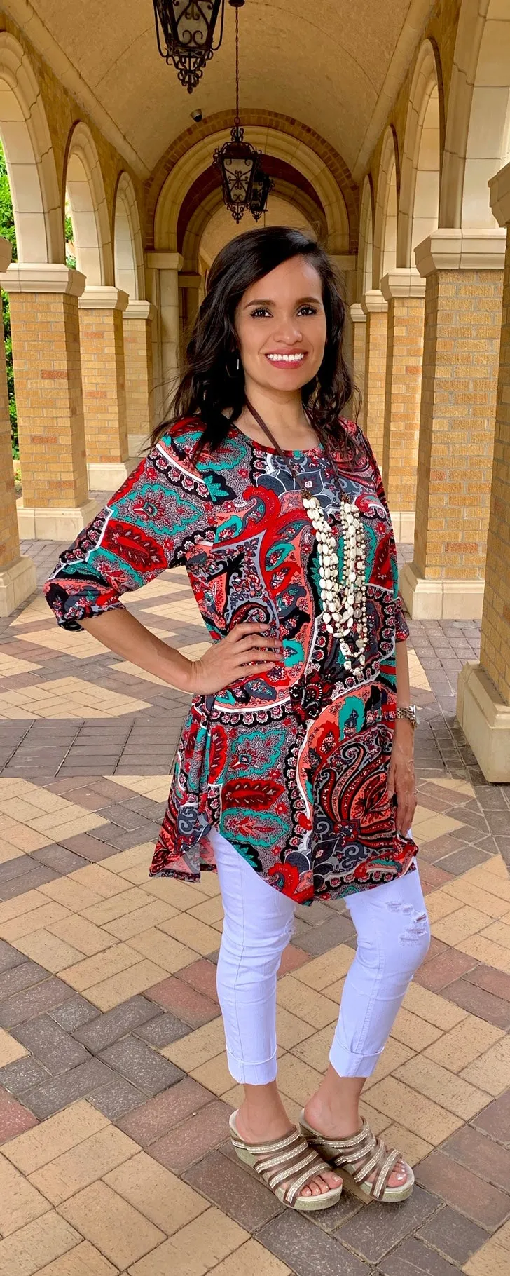 Small Red Grey Mint Paisley Scoop Tunic