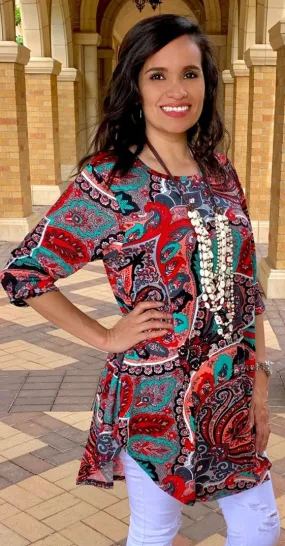 Small Red Grey Mint Paisley Scoop Tunic