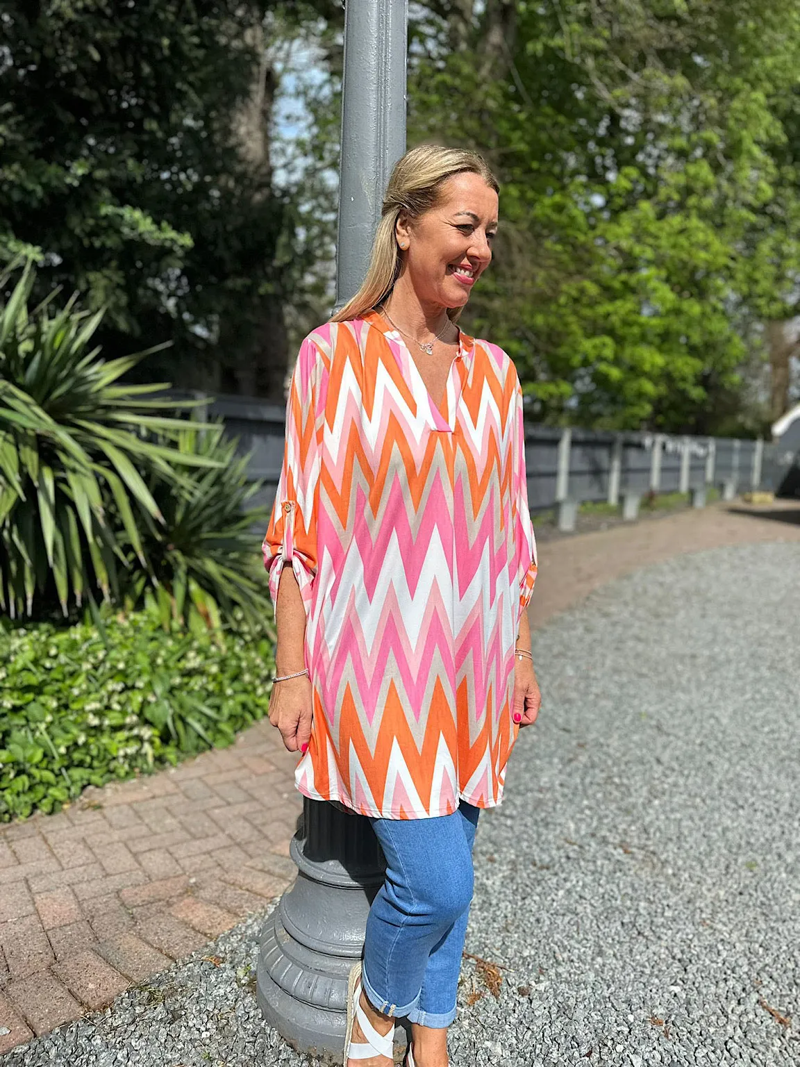 Gloria's Soft Touch Orange Tunic With Zig Zag Pattern