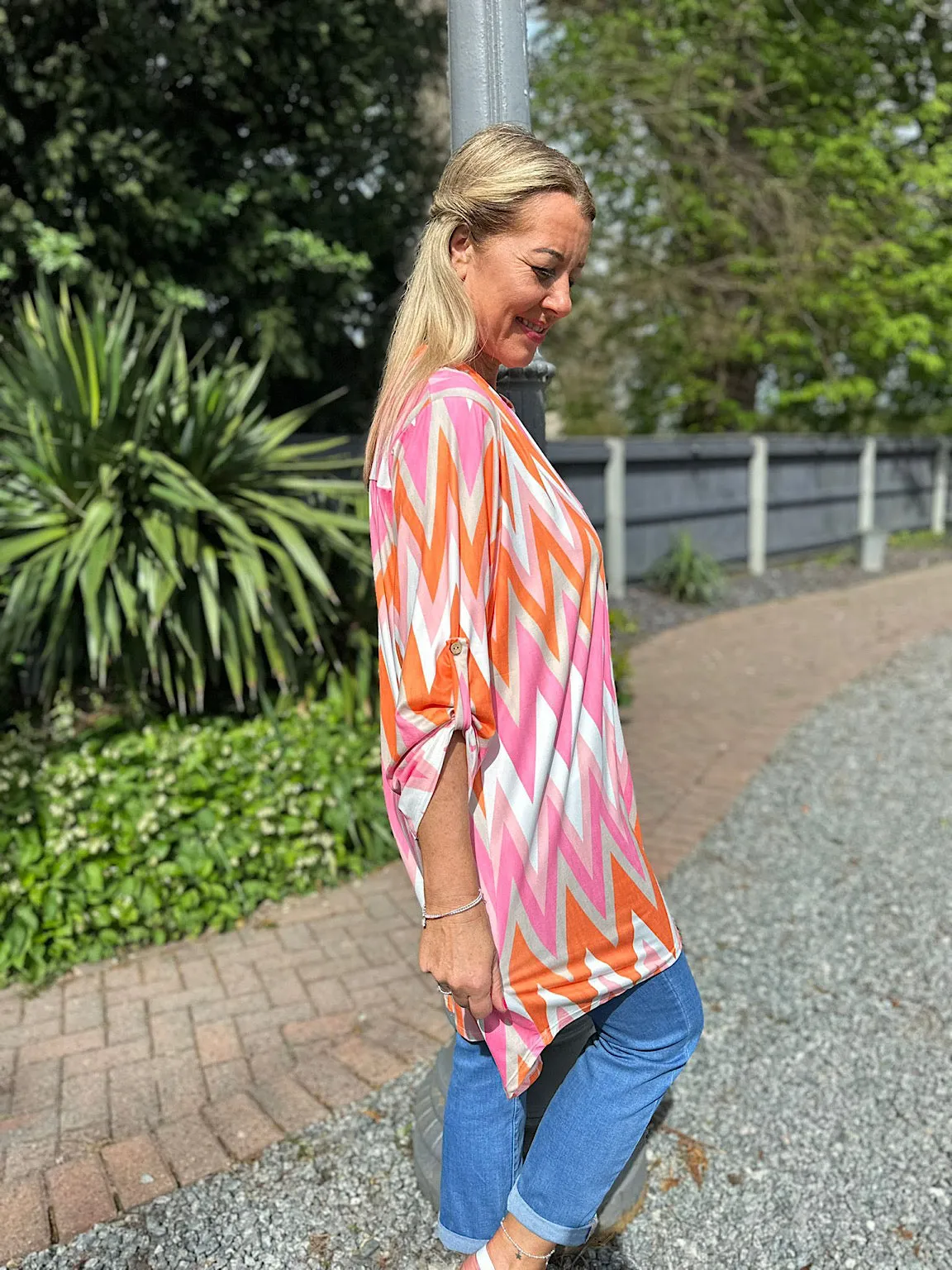 Gloria's Soft Touch Orange Tunic With Zig Zag Pattern