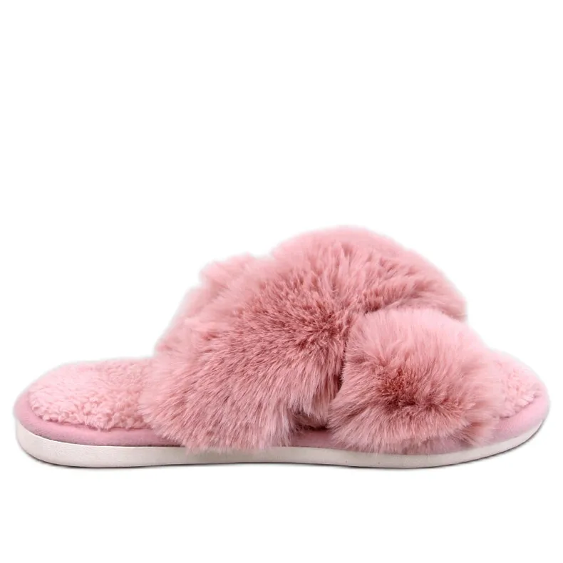 Parris pink fur slippers with cross straps