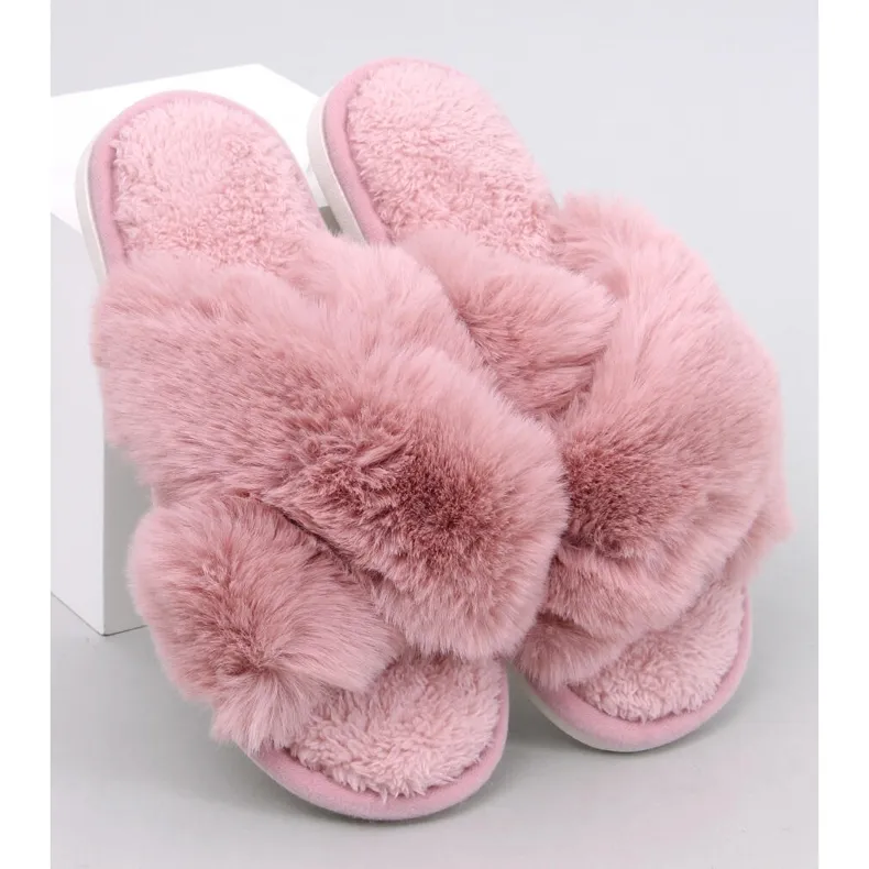 Parris pink fur slippers with cross straps