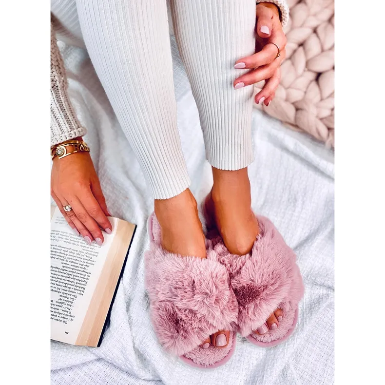 Parris pink fur slippers with cross straps