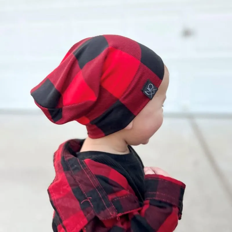 Red Black Buffalo Plaid Jersey Knit Beanie