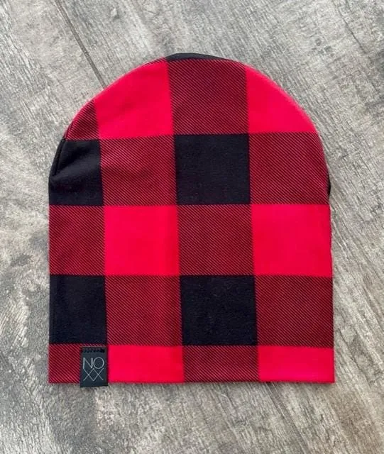 Red Black Buffalo Plaid Jersey Knit Beanie