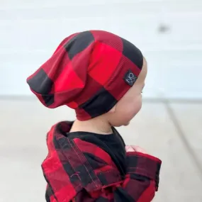 Red Black Buffalo Plaid Jersey Knit Beanie