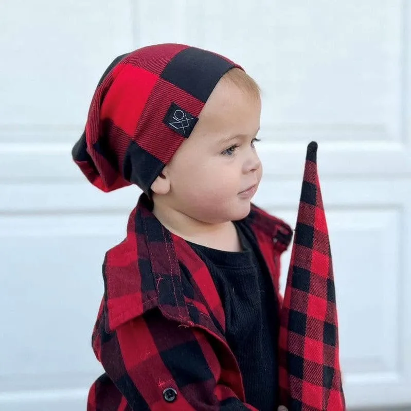 Red Black Buffalo Plaid Jersey Knit Beanie