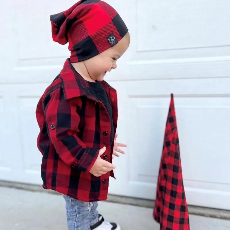 Red Black Buffalo Plaid Jersey Knit Beanie