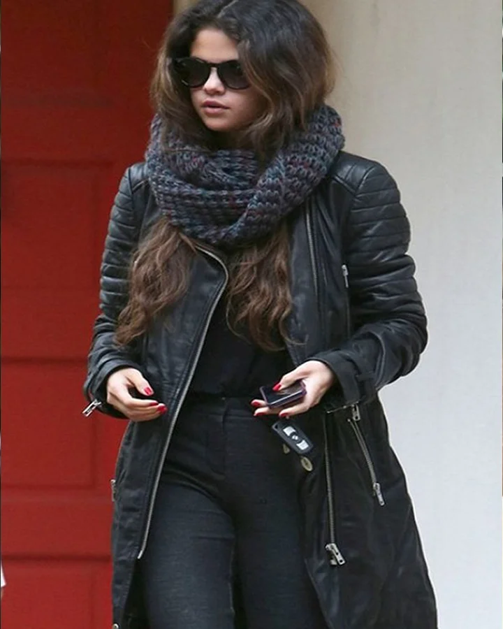 Selena Gomez Black Leather Coat