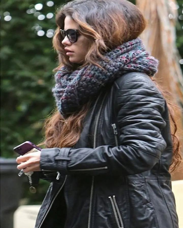 Selena Gomez Black Leather Coat