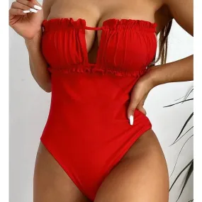 Red Ruffles Padded Bra One-Piece Bandage Swimwear