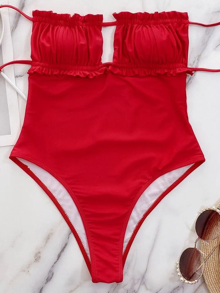 Red Ruffles Padded Bra One-Piece Bandage Swimwear