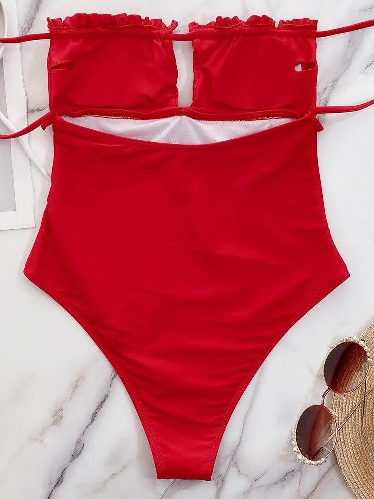 Red Ruffles Padded Bra One-Piece Bandage Swimwear