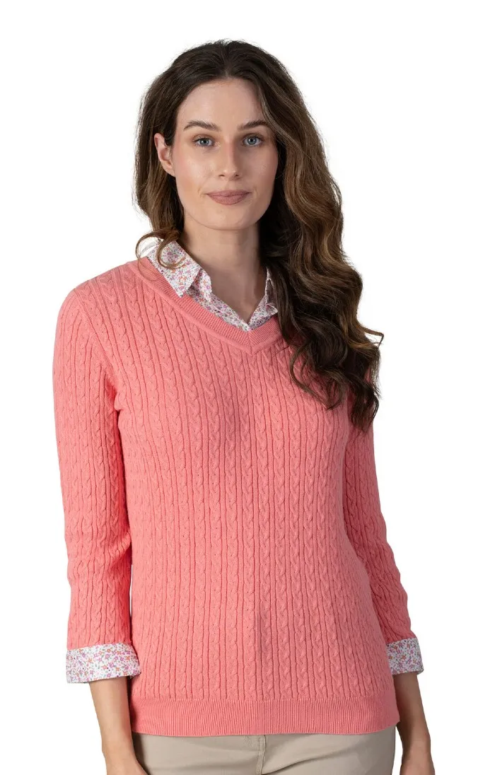 Shirt Collar Cable Knit Sweater for Ladies