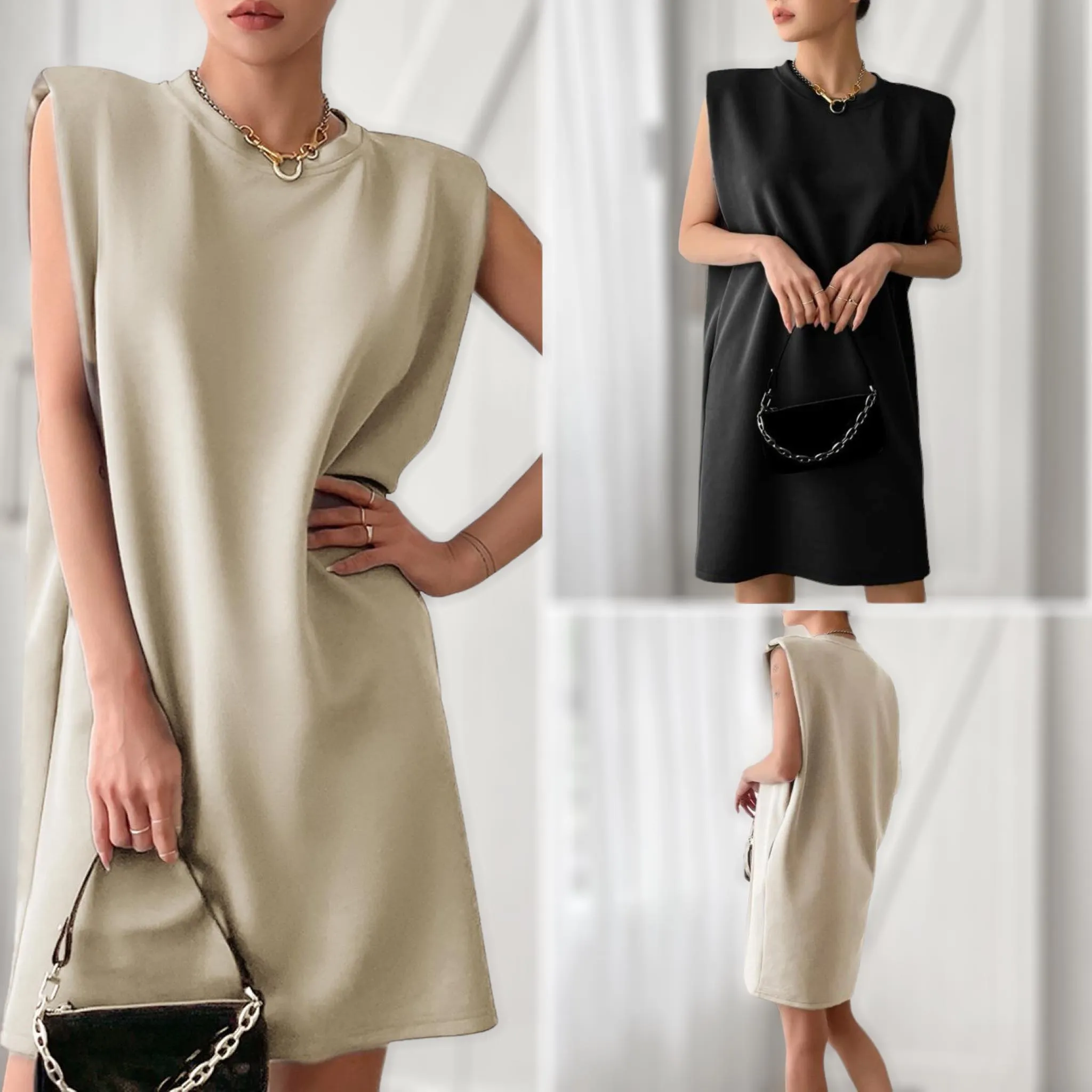 Solid BLK Short Dress with Knit Shoulder Pads