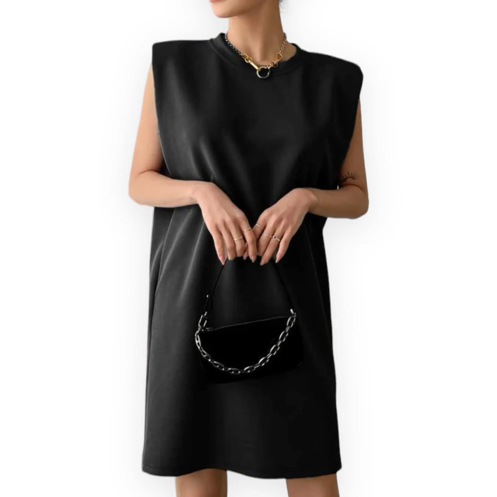 Solid BLK Short Dress with Knit Shoulder Pads