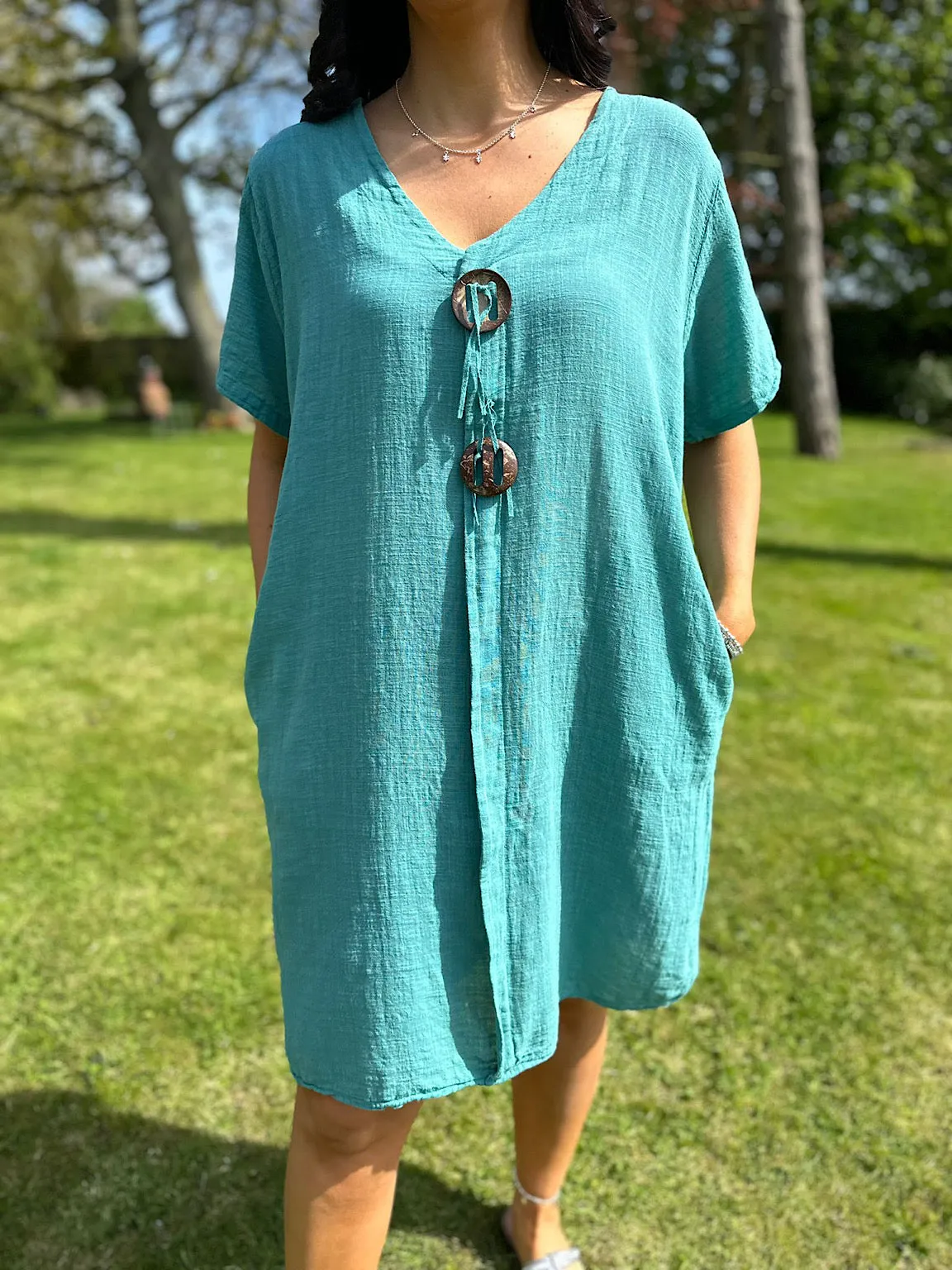 Sandra's Teal Tunic Dress with V-Neck and Buttons