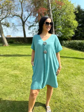 Sandra's Teal Tunic Dress with V-Neck and Buttons